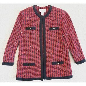 Vintage Castleberry Jacket Womens 20 Houndstooth Red Black Knit Made‎ in USA